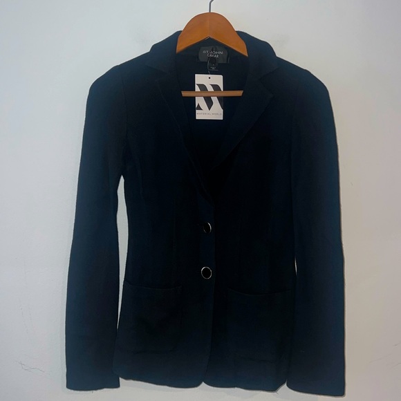 St. John Caviar 2-Button Wool Blend Pique Knit Jacket in Black - Picture 2 of 7